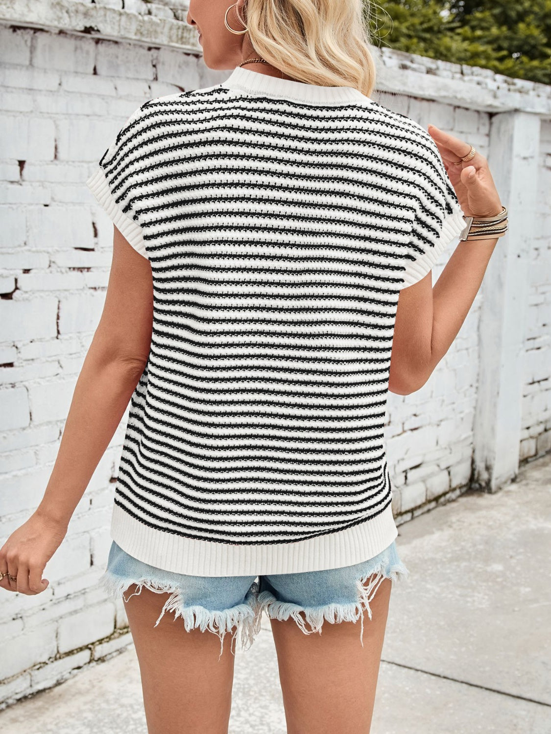 Striped Round Neck Cap Sleeve Sweater