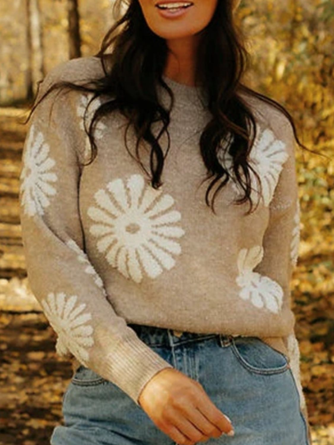 Flower Round Neck Long Sleeve Sweater