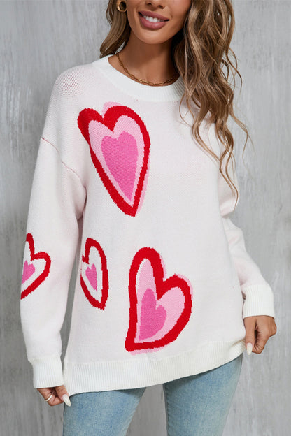 Heart Round Neck Long Sleeve Sweater