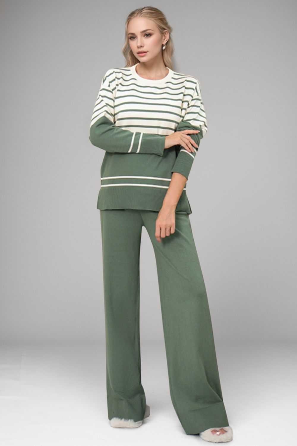 Striped Round Neck Long Sleeve Top and Pants Sweater Set