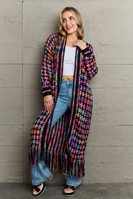 Multicolor Open Front Fringe Hem Cardigan