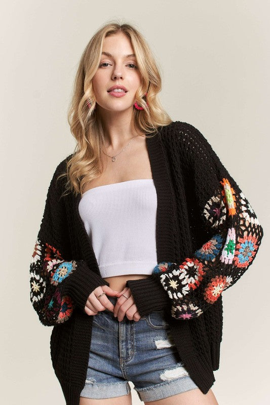 Contrast Crochet Open Front Long Sleeve Cardigan Plus Size