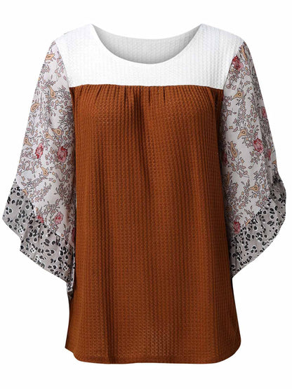 Print Round Neck Three-Quarter Sleeve Blouse