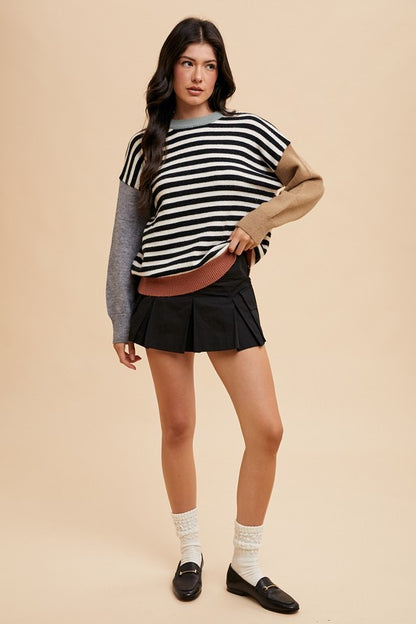 Striped Color Block Round Neck Sweater