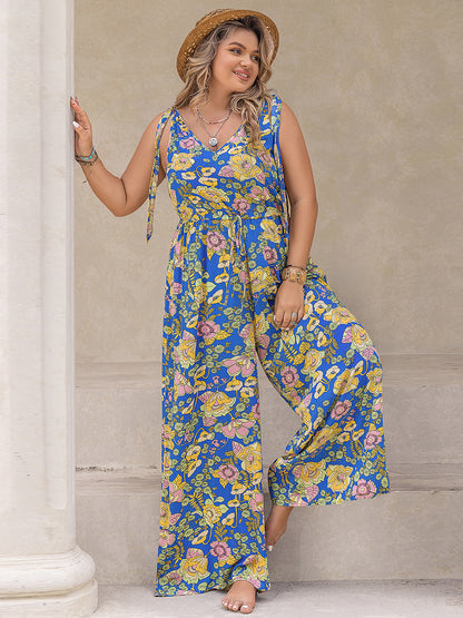 Plus Print V-Neck Wide Leg Jumpsuit