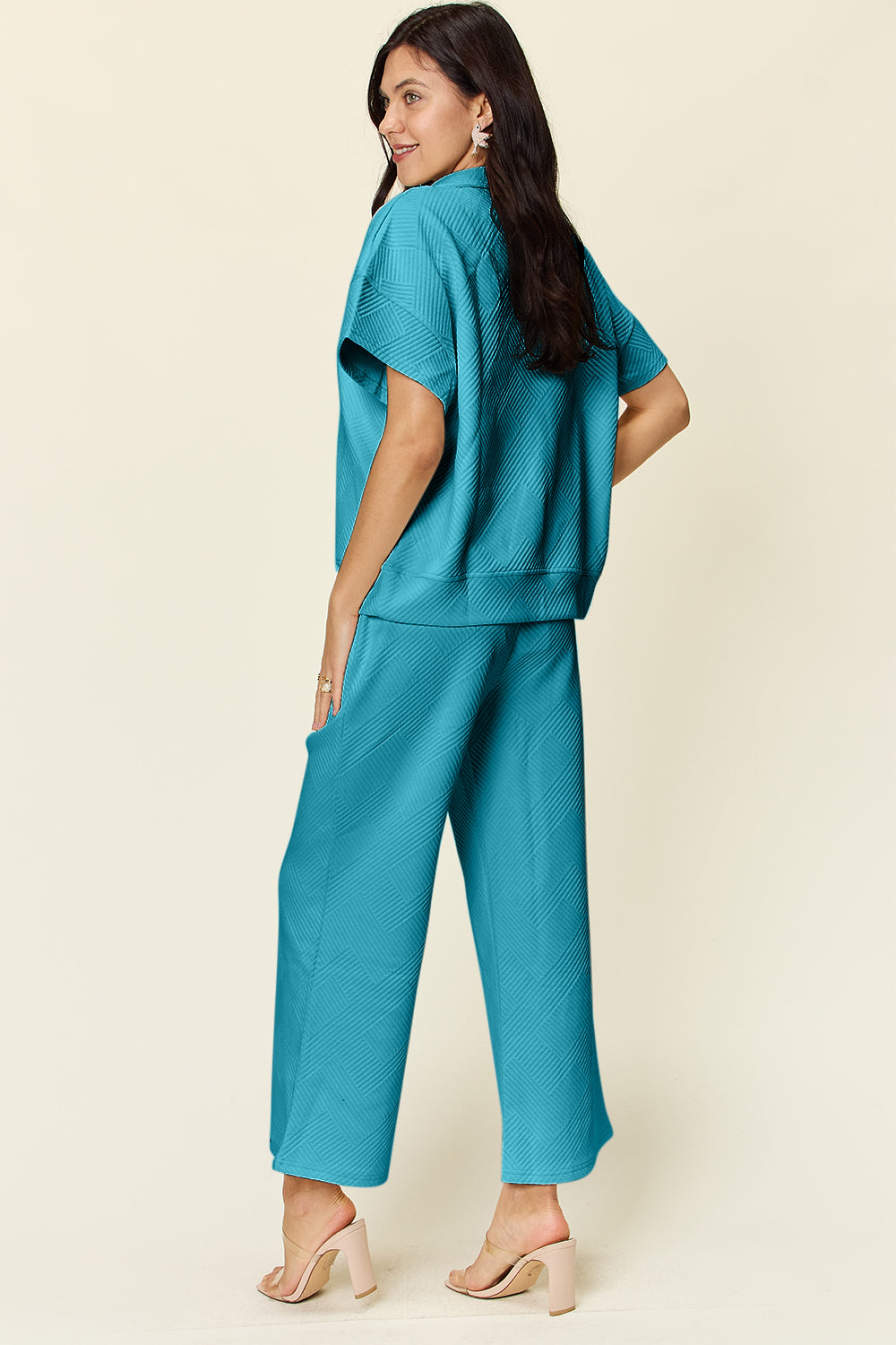 Textured Half Zip Short Sleeve Top and Pants Set