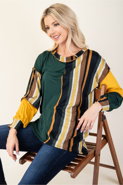 Striped Color Block Long Sleeve Tops