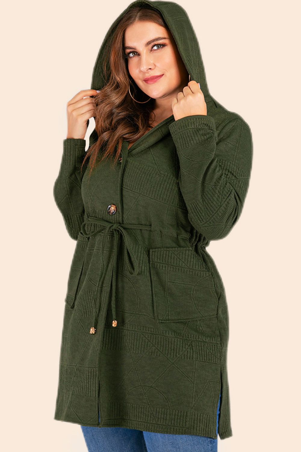 Plus Drawstring Waist Hooded Cardigan with Pockets