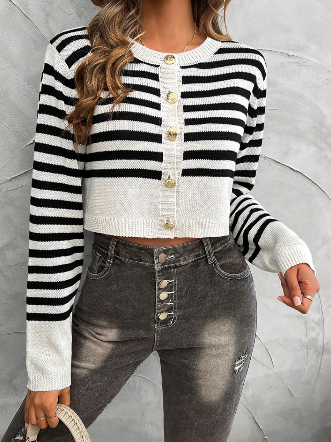 Striped Round Neck Button Down Cardigan