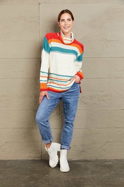 Striped Turtleneck Drop Shoulder Sweater