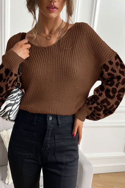 Leopard Sleeve Dropped Shoulder Sweater