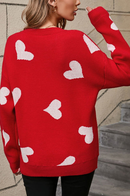 Heart Round Neck Dropped Shoulder Sweater