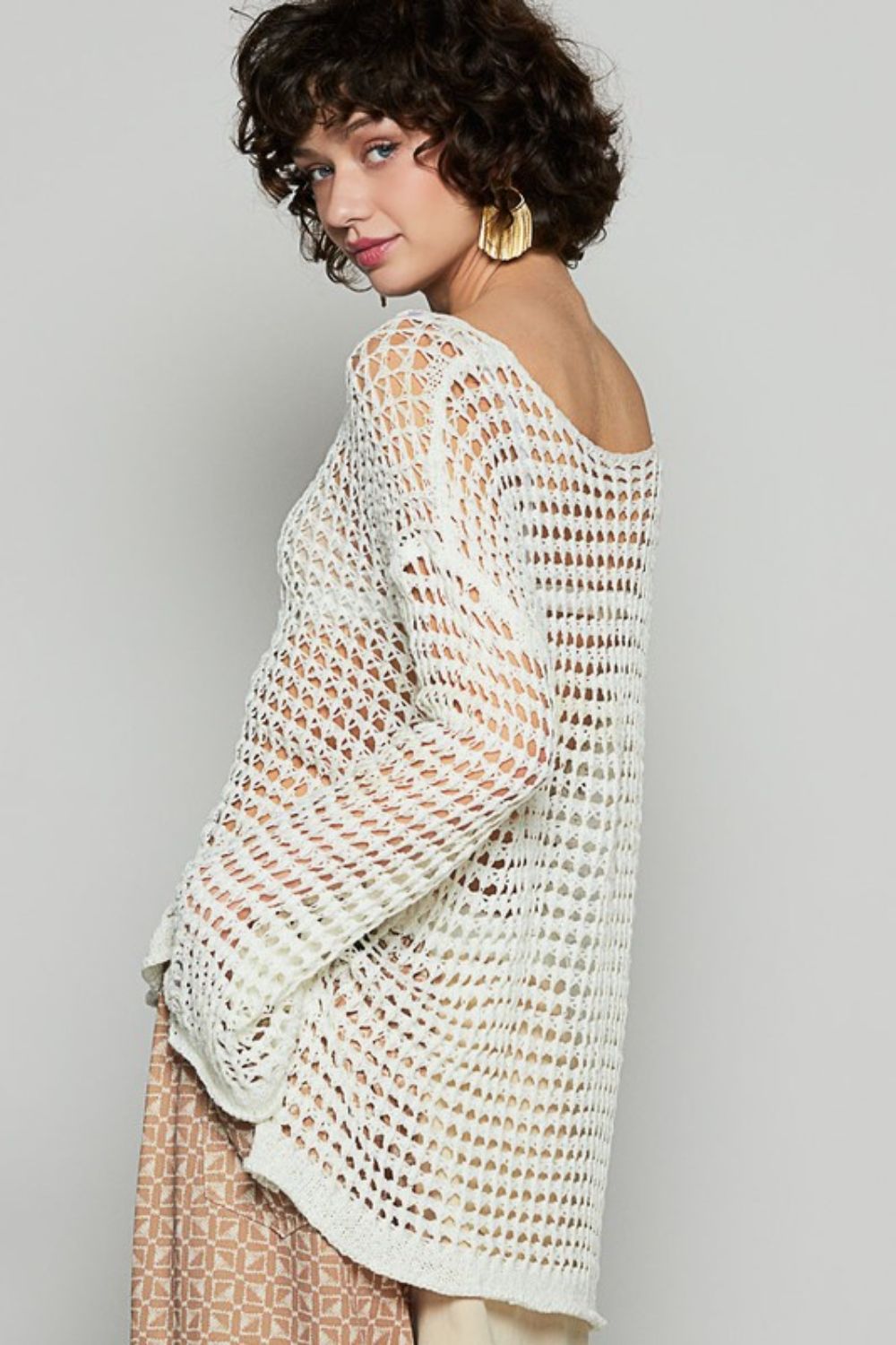 Side Slit Openwork Long Sleeve Knit Cover Up