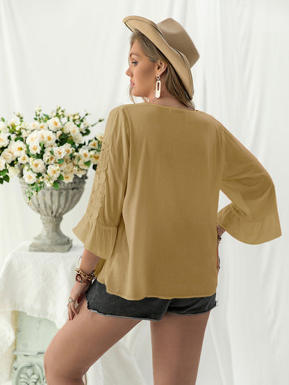 Plus Lace Detail V-Neck Flounce Sleeve Blouse