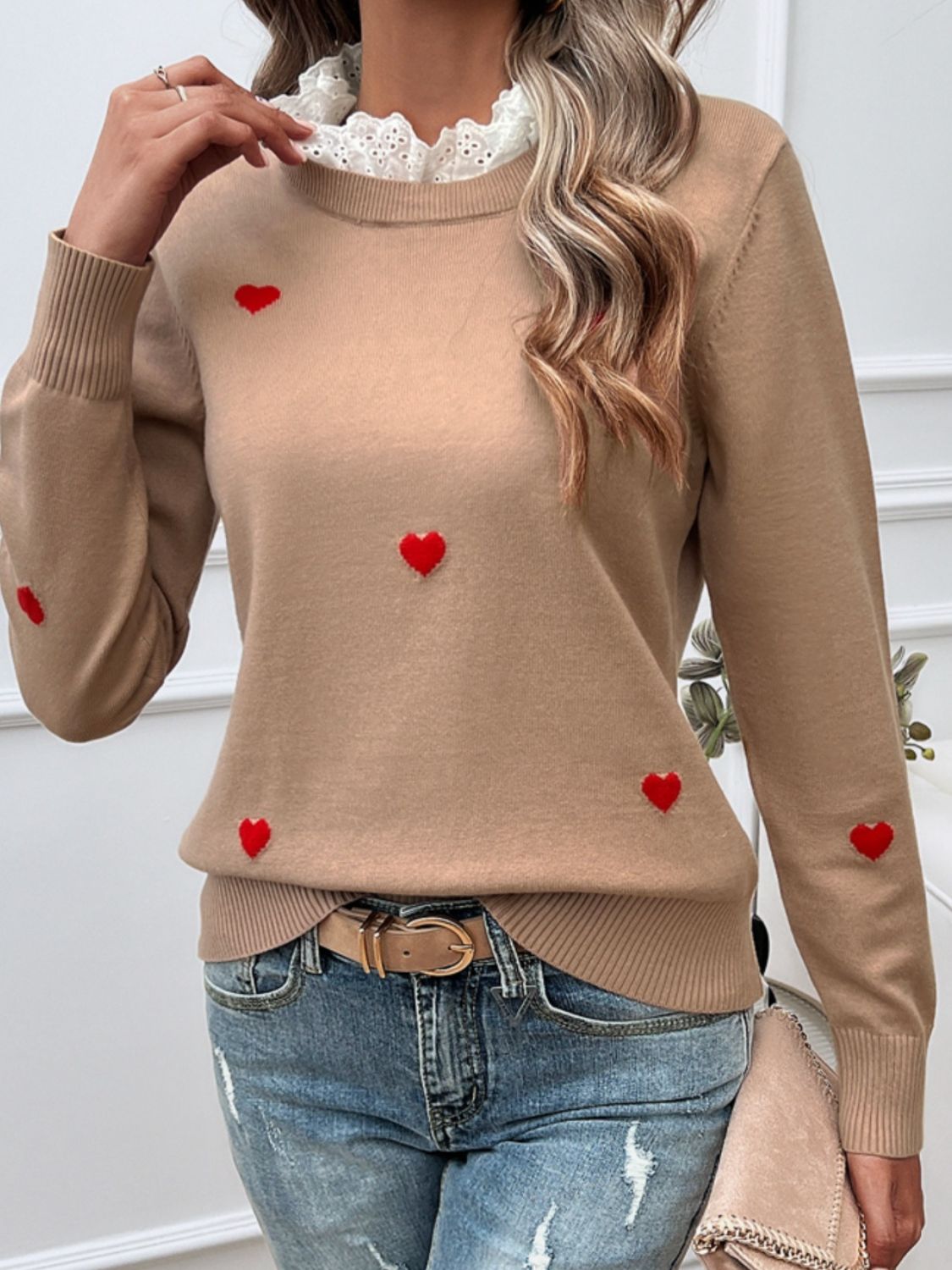 Lace Detail Heart Long Sleeve Sweater