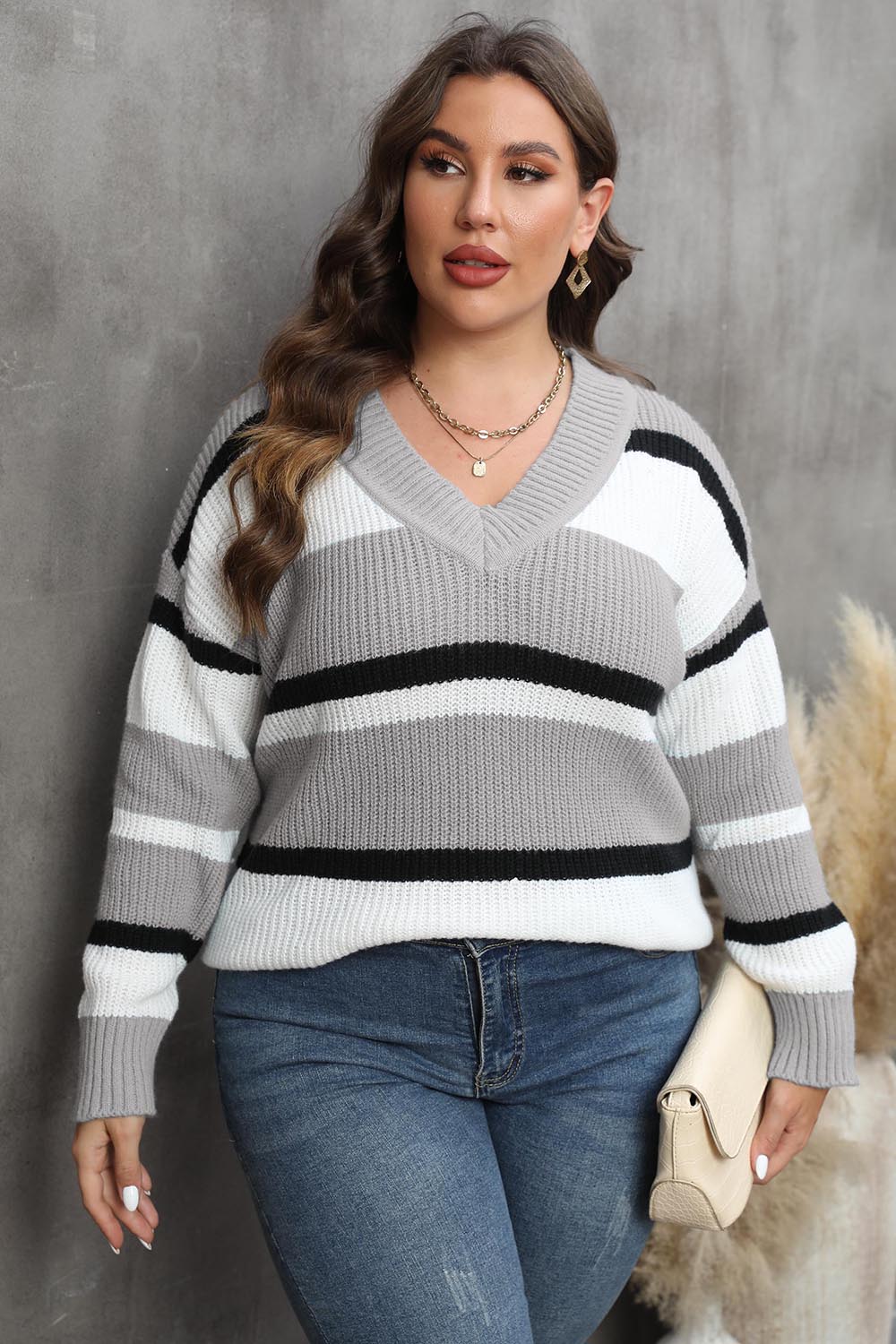 Plus Striped V-Neck Dropped Shoulder Sweater