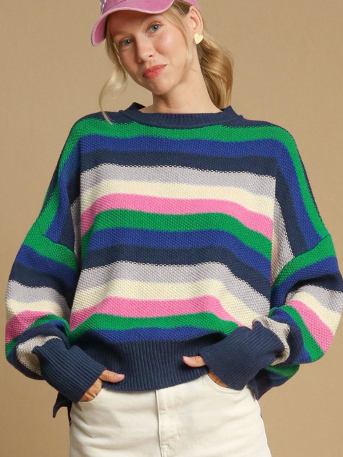 Contrast Striped Round Neck Long Sleeve Sweater