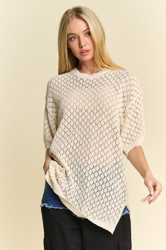 Side Slit Openwork Round Neck Half Sleeve Knit Cover Up