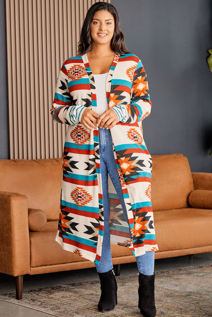 Plus Geometric Open Front Longline Cardigan