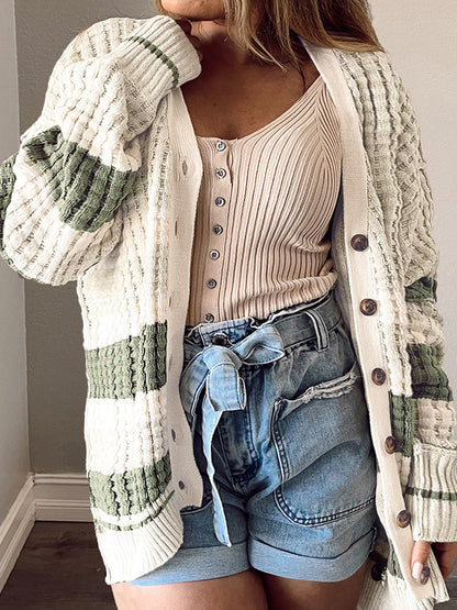 Plus Striped Button Up Dropped Shoulder Cardigan