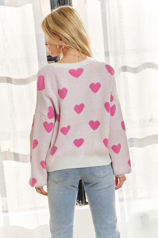 Heart Round Neck Drop Shoulder Sweater