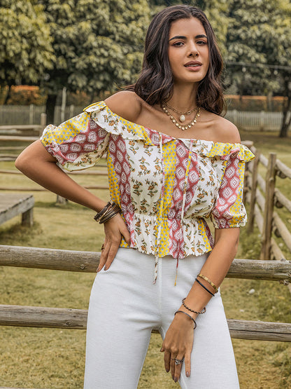 Ruffled Print Off-Shoulder Short Sleeve Blouse
