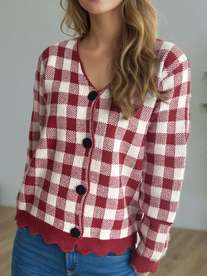 Plaid V-Neck Button Up Cardigan