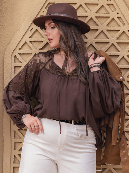 Plus Lace Detail Tie Neck Long Sleeve Blouse