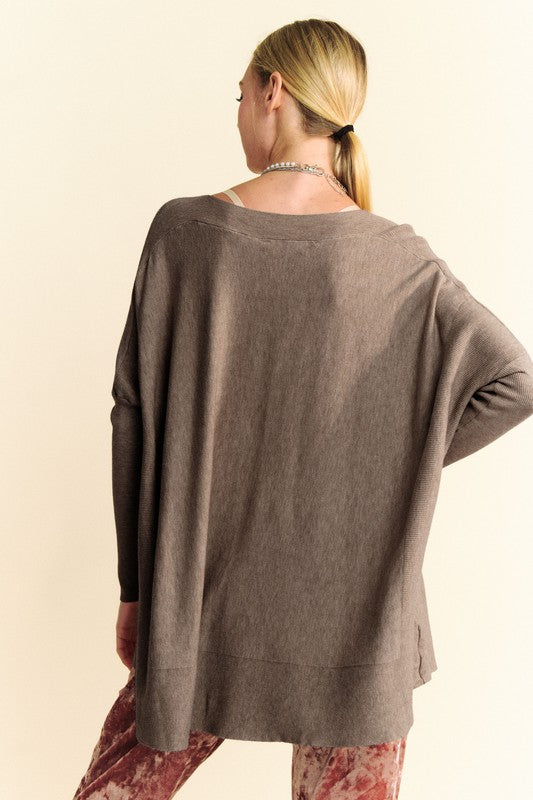 Round Neck Dropped Shoulder Long Sleeve Knit Top