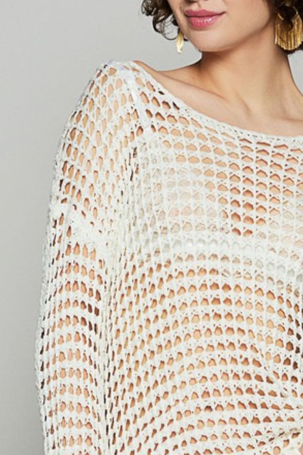 Side Slit Openwork Long Sleeve Knit Cover Up