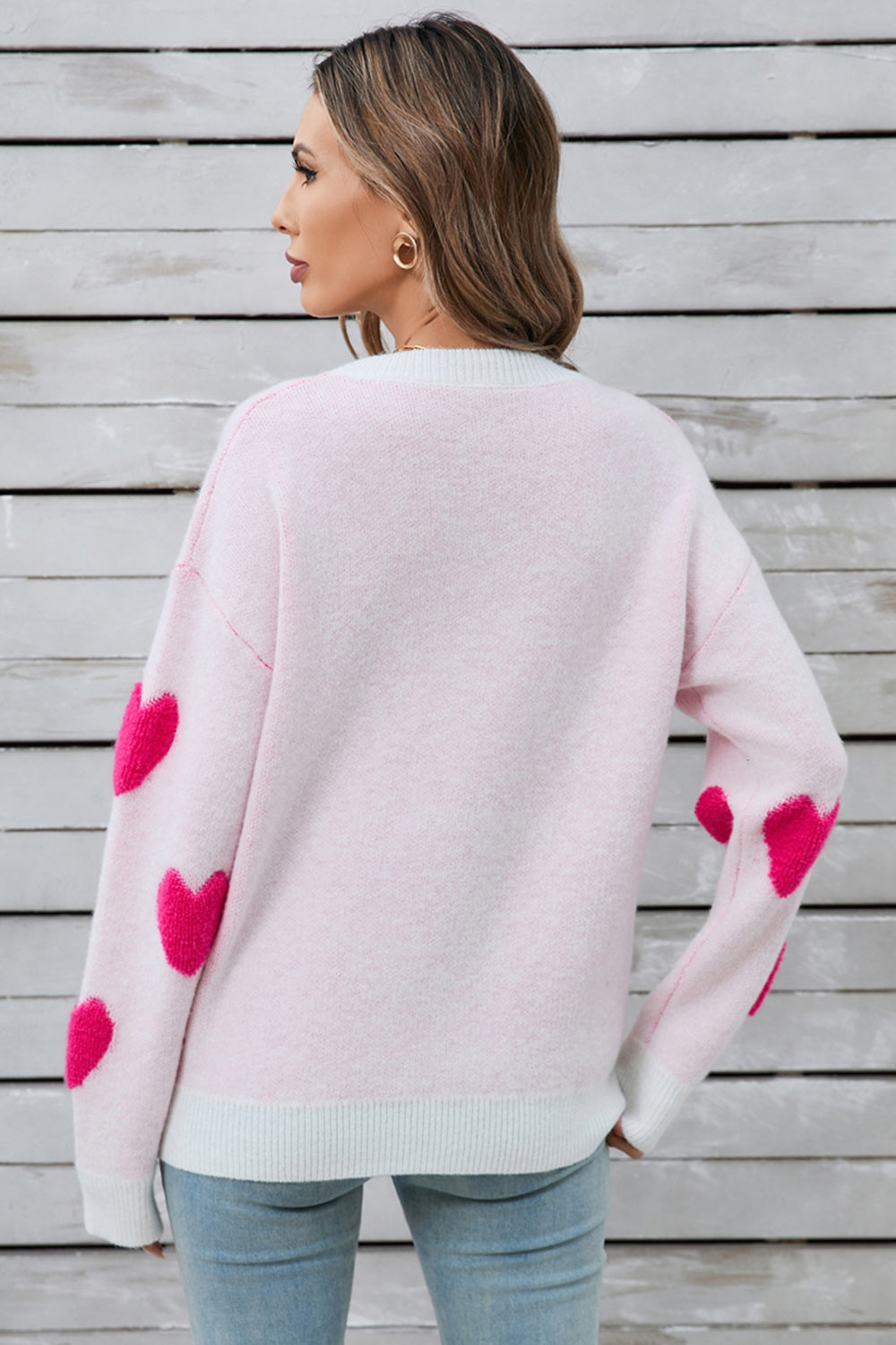 Heart Round Neck Long Sleeve Sweater