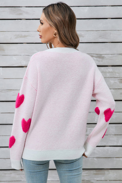 Heart Round Neck Long Sleeve Sweater