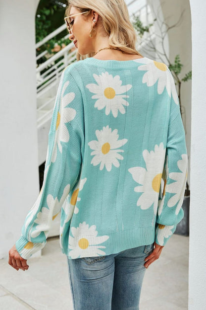 Daisy Print Openwork Round Neck Sweater