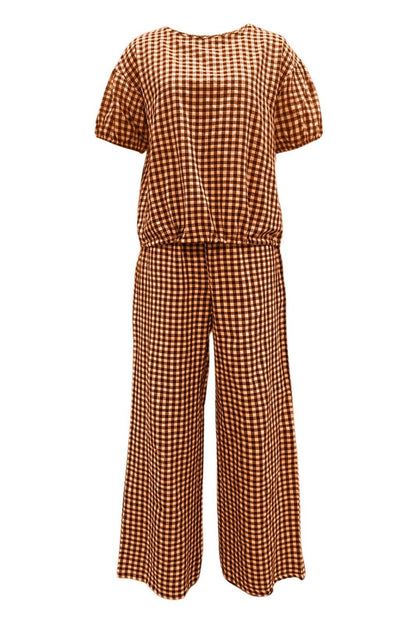 Plaid Round Neck Half Sleeve Top and Pants Set