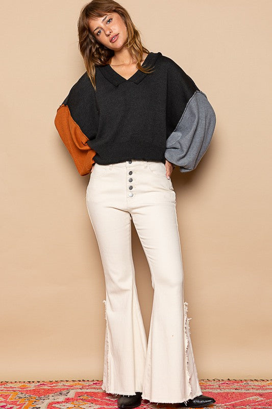 Exposed Seam Roll Edge Color Block V Neck Sweater