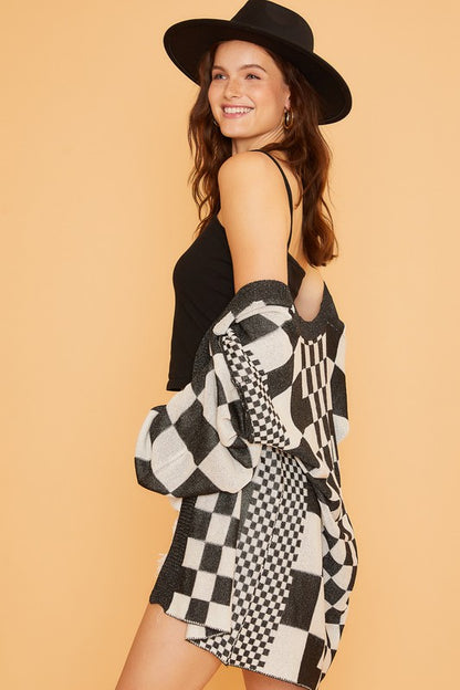 Checkered Open Front Drop Shoulder Cardigan