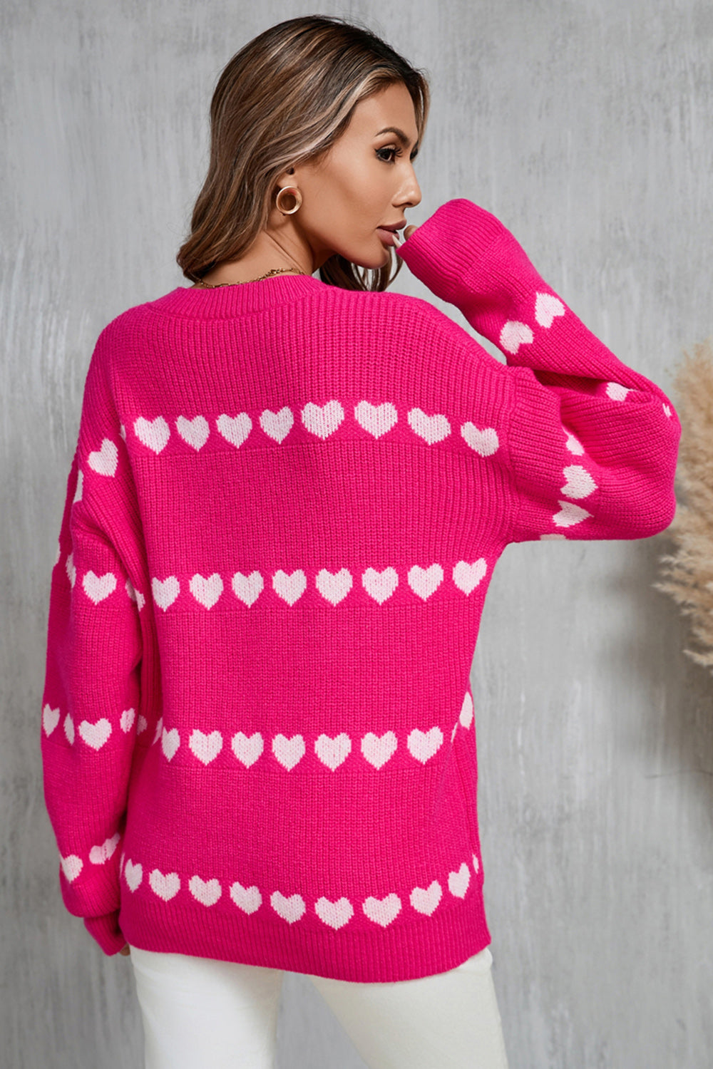 Heart Round Neck Long Sleeve Sweater