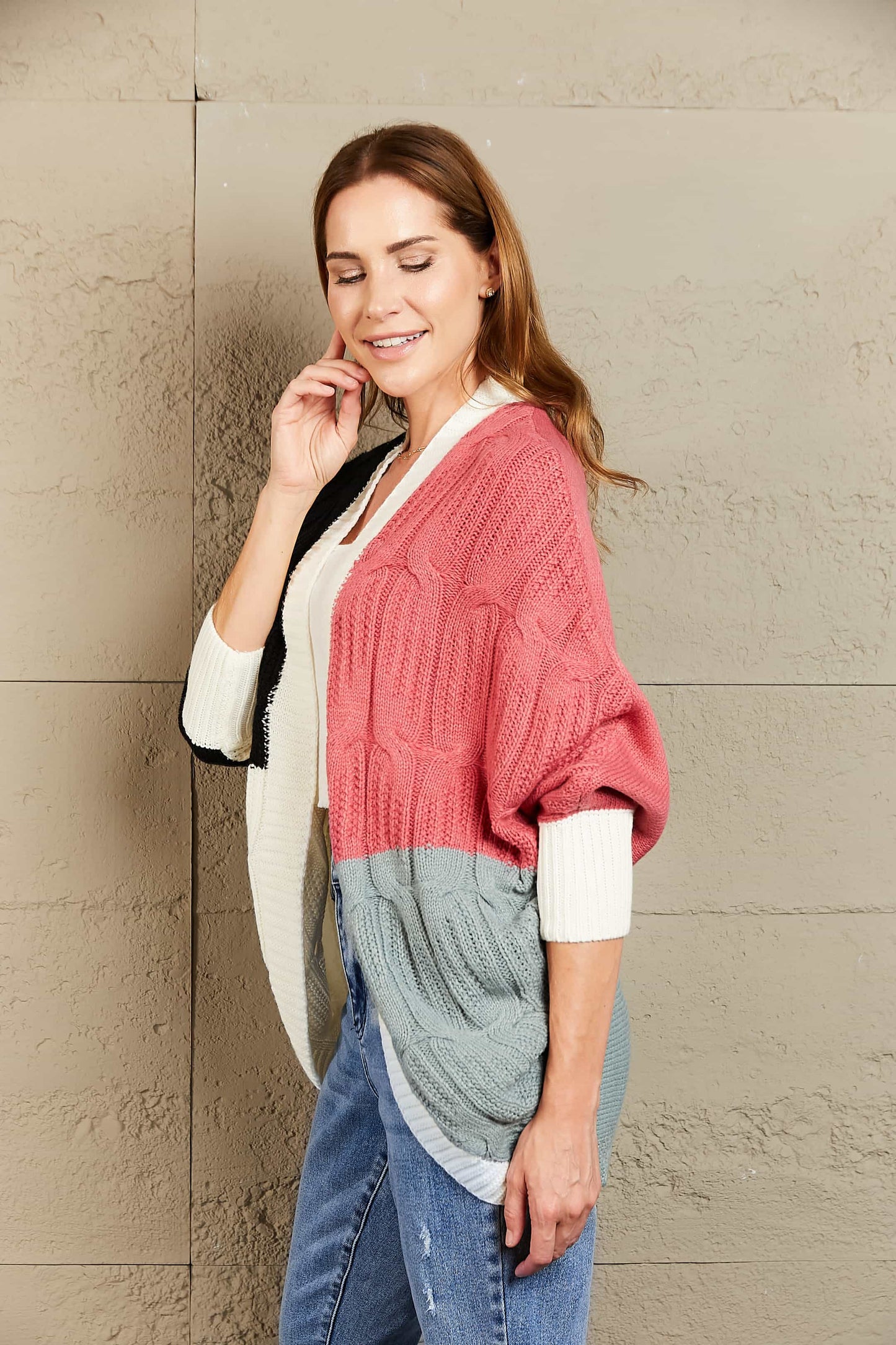 Color Block Cable-Knit Batwing Sleeve Cardigan