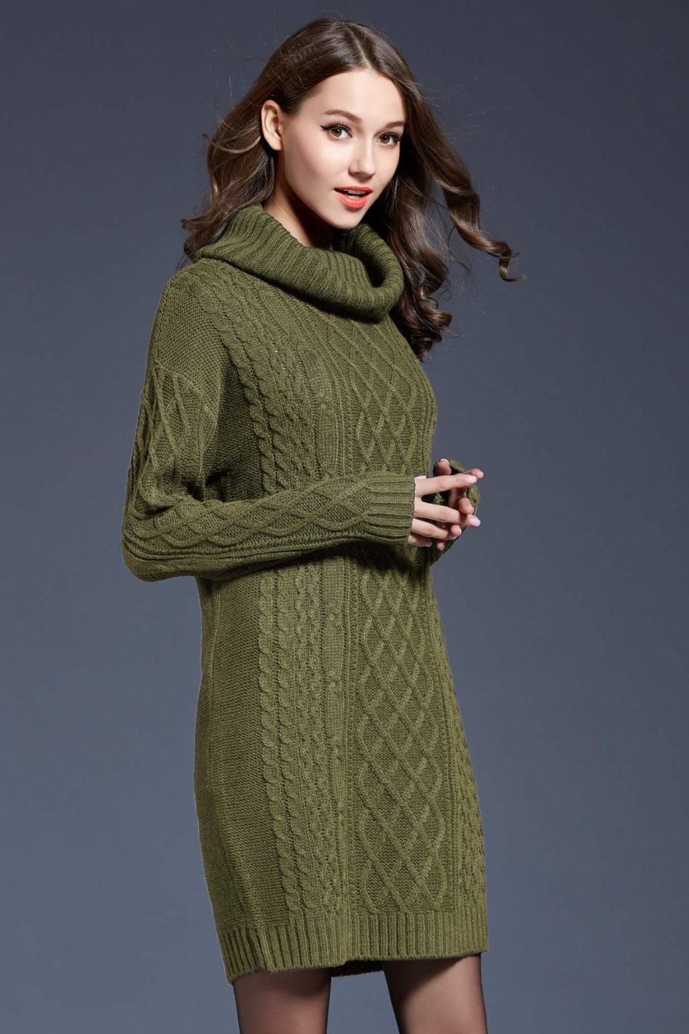 Mixed Knit Cowl Neck Dropped Shoulder Sweater Dress