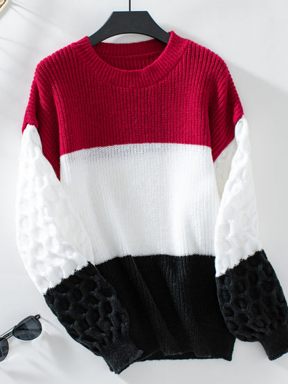 Color Block Round Neck Long Sleeve Sweater