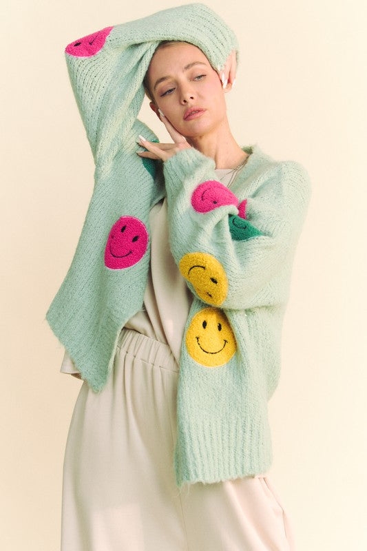 Fuzzy Smile Open Front Long Sleeve Cardigan