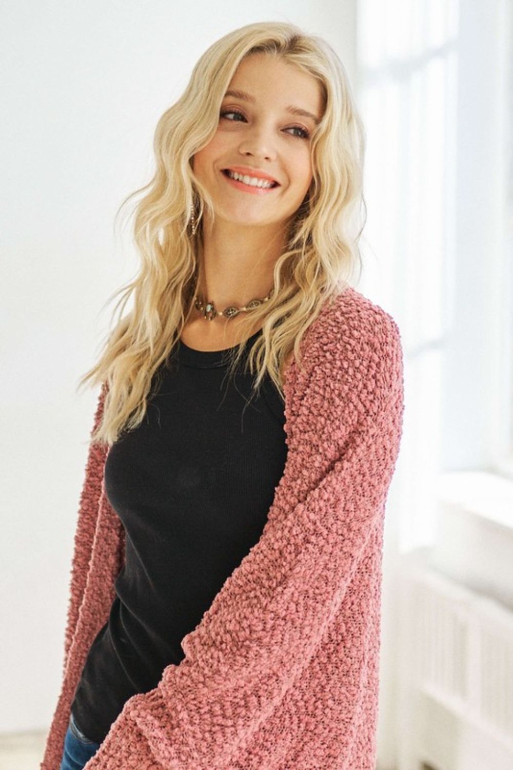 Popcorn Knit Open Front Long Sleeve Cardigan