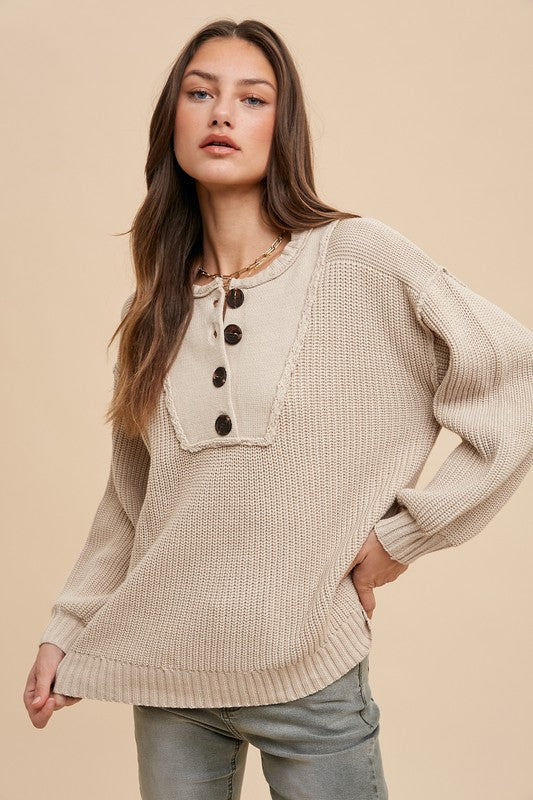 Half Button Ribbed Hem Sweater