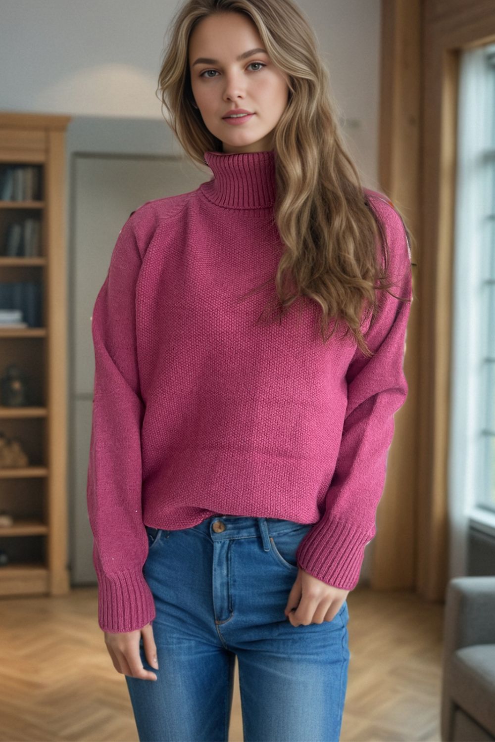 Ribbed Turtleneck Raglan Sleeve Sweater