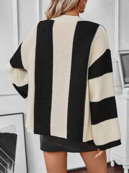 Waffle-Knit V-Neck Striped Long Sleeve Cardigan