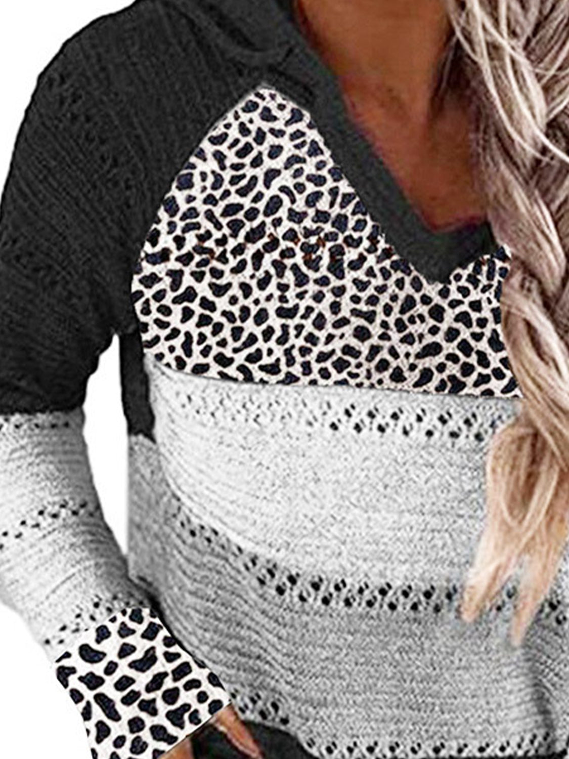 Openwork Leopard Drawstring Hooded Sweater