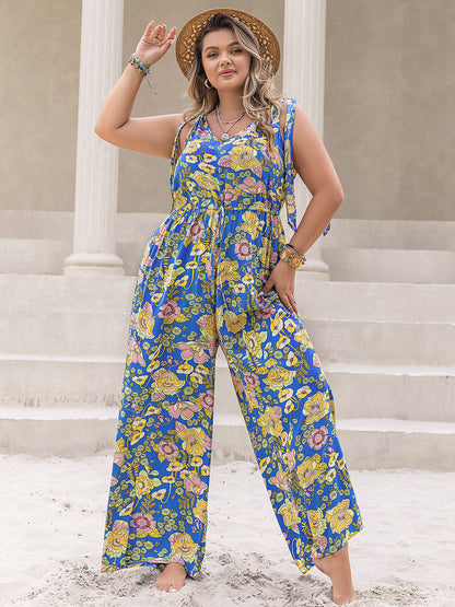 Plus Print V-Neck Wide Leg Jumpsuit