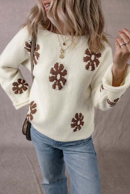 Flower Round Neck Long Sleeve Sweater