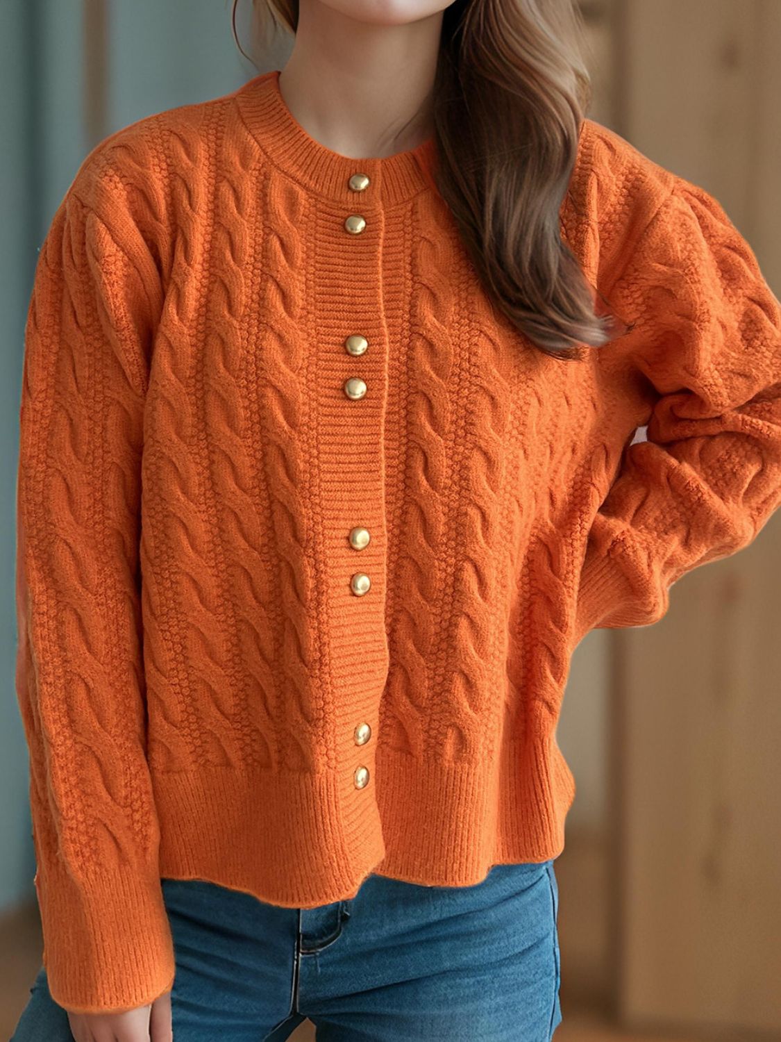 Cable-Knit Round Neck Long Sleeve Cardigan