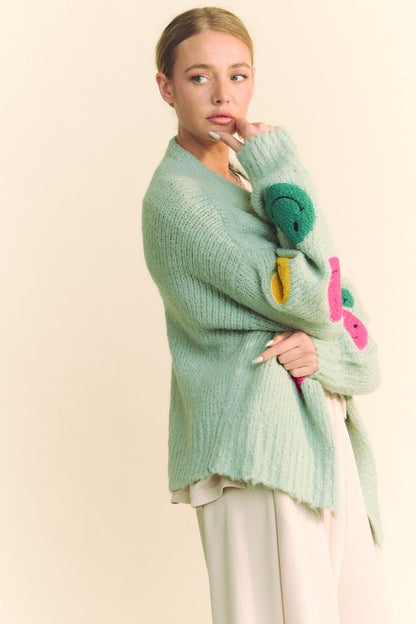 Fuzzy Smile Open Front Long Sleeve Cardigan